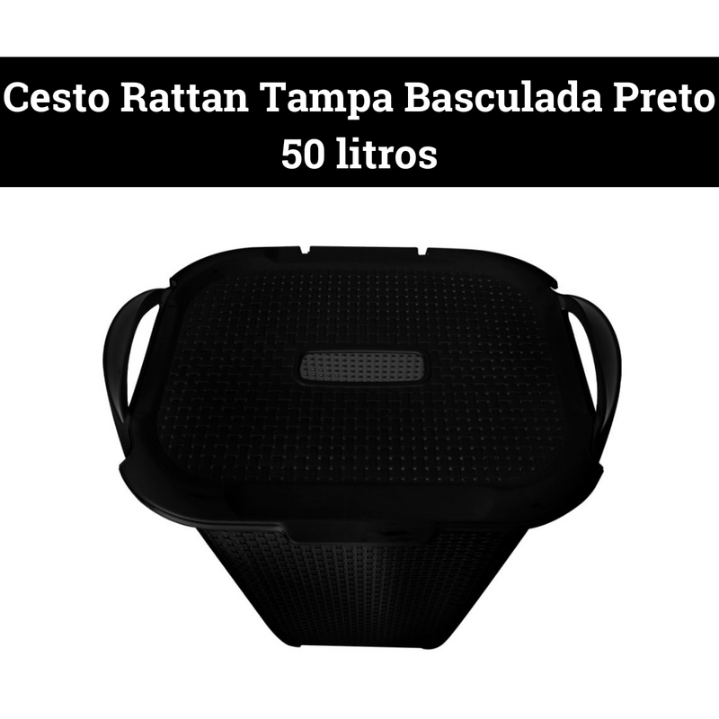 Cesto Rattan Tampa Basculada Preto 50 litros