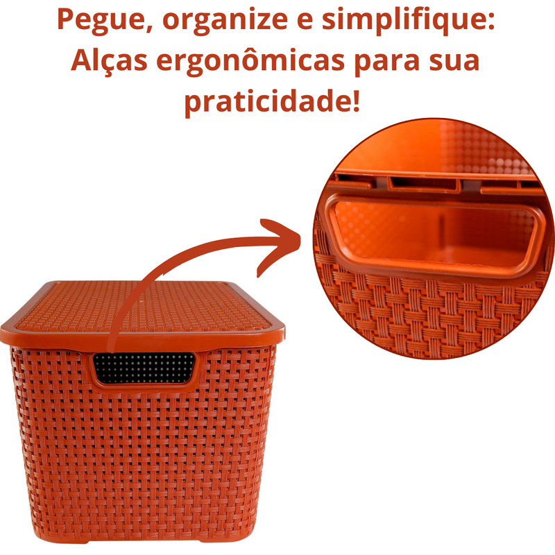 Caixa Organizadora Rattan Cesto com Tampa 15 Litros Terracota