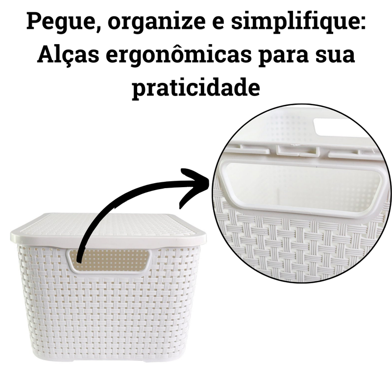 Caixa Organizadora Rattan Cesto com Tampa 15 Litros Branco