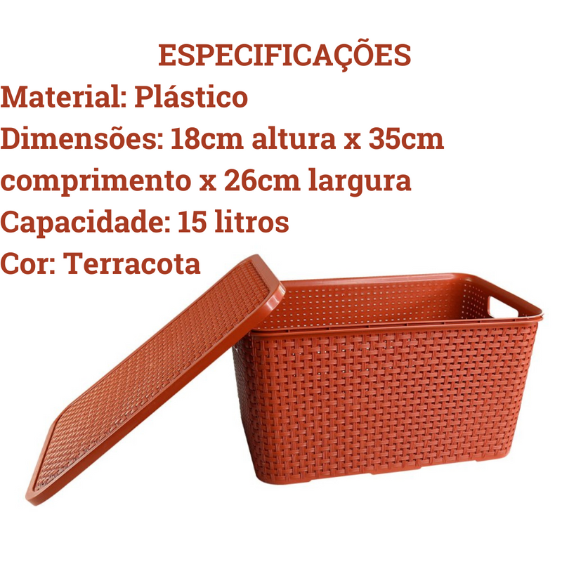 Caixa Organizadora Rattan Cesto com Tampa 15 Litros Terracota