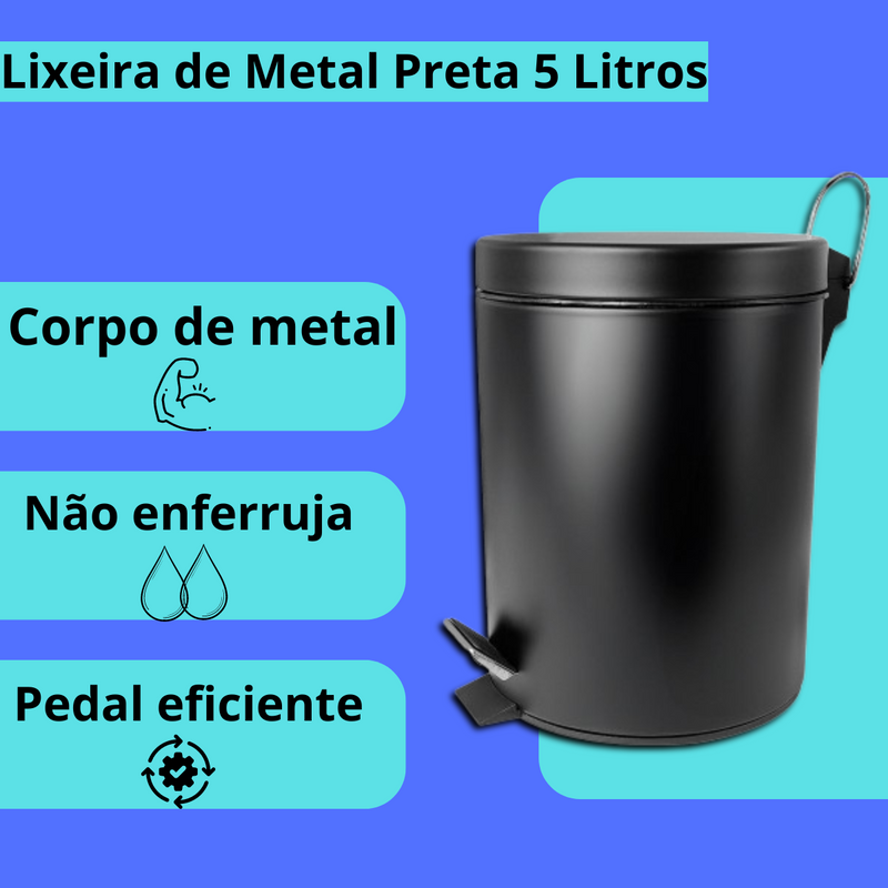 Lixeira de Metal Preta 5 Litros