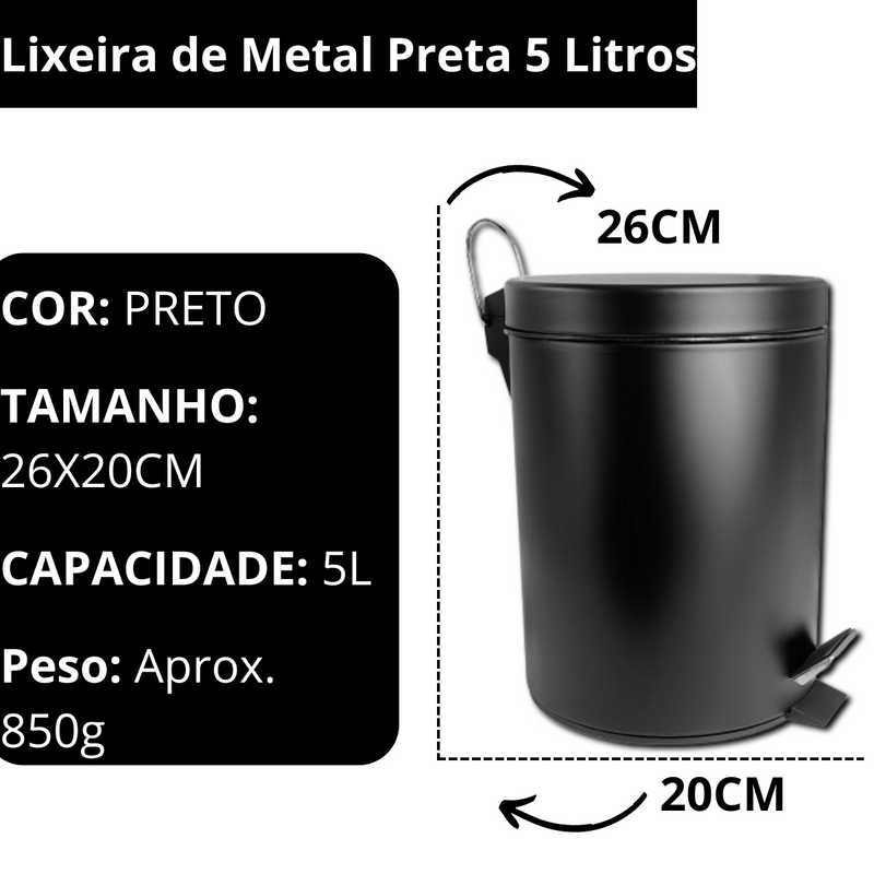 Lixeira de Metal Preta 5 Litros