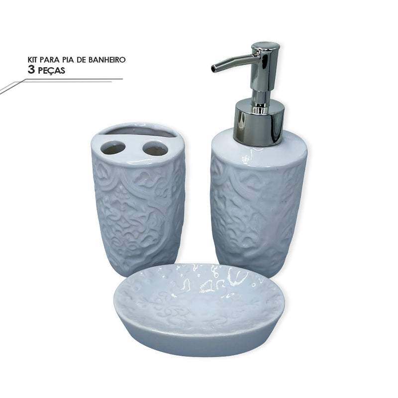 Kit Banheiro Porcelana 3 Peças Lavabo Porta Sabonetes e Escovas