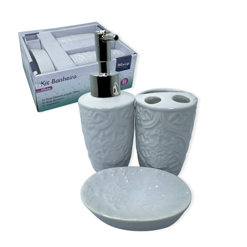 Kit Banheiro Porcelana 3 Peças Lavabo Porta Sabonetes e Escovas