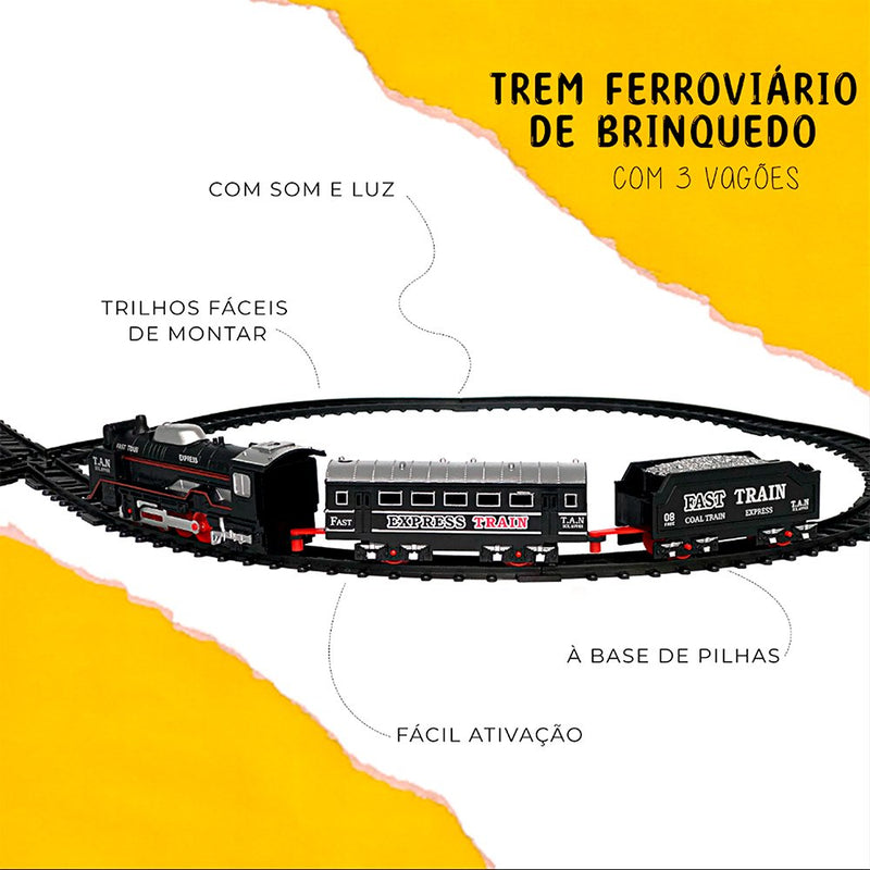 Trem Ferroviário de Brinquedo com 3 Vagões 15 Trilhos com Som e Luz